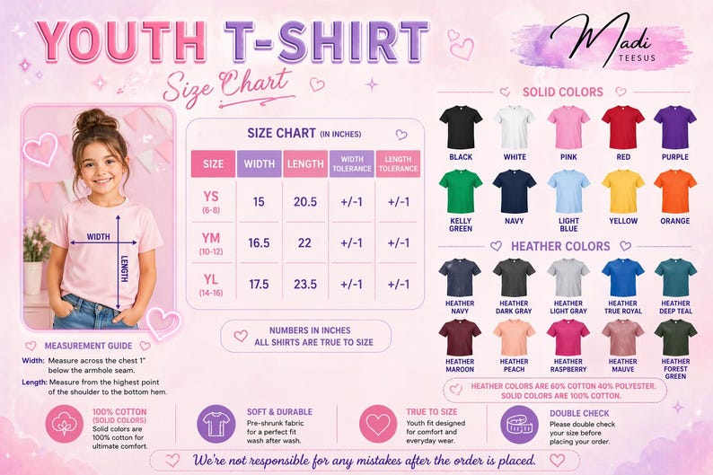 The image is a size chart for a youth t-shirt, providing measurements and color options for different age groups.