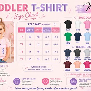 The image is a size chart for a toddler t-shirt, providing measurements and color options for different age groups.