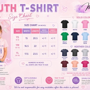 The image is a size chart for a youth t-shirt, providing measurements and color options for different age groups.