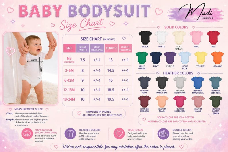 The image is a size chart for baby bodysuits, providing measurements and color options for different age groups.