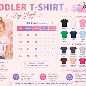 The image is a size chart for a toddler t-shirt, providing measurements and color options for different age groups.