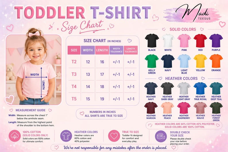 The image is a size chart for a toddler t-shirt, providing measurements and color options for different age groups.