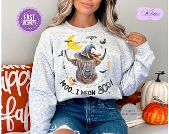 Moo... I Mean Boo Sweatshirt, Halloween Highland Cow Sweatshirt, Halloween Sweatshirt, Spooky Cow Sweatshirt, Cow Sweatshirt, Halloween Gift