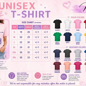 The image is a size chart for a unisex t-shirt, providing measurements and color options for customers to choose from.