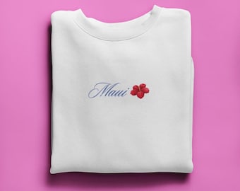 Sudadera con cuello redondo bordada de Maui / Recuerdo de Hawái, Cuello redondo, Suéter, Sencillo, Casual