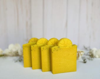 Jabón de leche de cabra, jabón de sebo, agua de luna, artesanal, proceso en frío, barra individual natural / limón y semillas de amapola