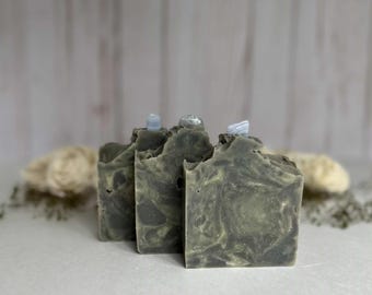 Jabón vegano de cristal, hecho a mano, proceso en frío, natural, barra individual / Ágata de encaje azul / Lavanda, romero y salvia