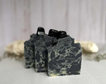 Jabón vegano de cristal, hecho a mano, artesanal, proceso en frío, natural, barra individual / obsidiana negra / lavanda, romero y salvia