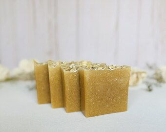 Jabón de leche de cabra, jabón de sebo, agua de luna, artesanal, elaborado mediante proceso en frío, barra individual natural / avena y miel