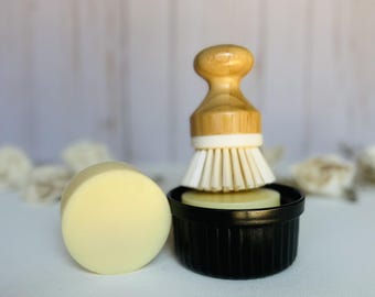 Jabón sólido para platos, jabón de aceite de babasú, agua de luna, hecho a mano artesanalmente mediante proceso en frío, barra individual natural, juego de ramequín y cepillo / Limón y naranja