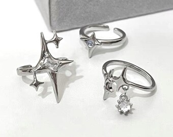 Silver Y2k Star Rings Set Egirl Four Point North Star Celestial Cross Irregular Adjustable Couple Gothic Grunge Alt Punk Edgy Kpop Bts Cyber