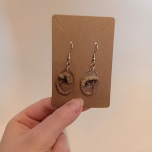May include: A pair of clear resin earrings with dried flowers encased inside. The earrings are oval-shaped and hang from silver-colored hooks. They are displayed on a brown cardboard earring card.