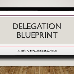 Op de afbeelding: Een ingelijste print met de woorden "DELEGATION BLUEPRINT" in donkergrijze letters op een lichtgrijze achtergrond. Onder de titel staat de tekst "5 STEPS TO EFFECTIVE DELEGATION". De lijst is zwart.