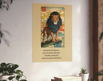 May include: A vintage-style illustration of a lion with a blue mane standing on a rock. The lion is surrounded by waves and clouds. The text below the image reads: "EINER HAT DEN SIEG ERRLINGEN - DER LOWE AUS DEM STAMM JUDA - DER SPROSS, DER AUS DEM WURZELSTOCK DAVIDS HERVORWUCHS."