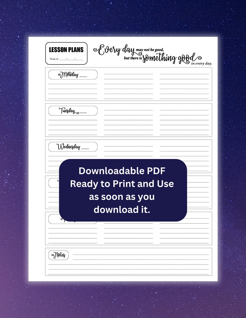 Lesson Planning Sheet, Printable, Instant Download, Week at a Glance ...