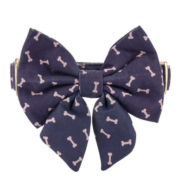 Navy Blue Dog Bone Dog Lady Bow or Cat Lady Bow, Cute Ladybow With Neck Collar, Puppy Collar With Metal Buckle, Pet Lady Bow for Wedding