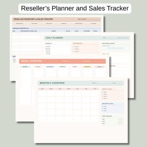 May include: A Reseller's Planner and Sales Tracker featuring multiple printable pages. Sections include a Reseller Inventory & Sales Tracker, Daily Planner, Weekly Overview, and Monthly Overview with fields for dates, goals, and habit tracking.