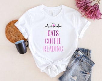 Cat Owners who also love Coffee and Reading Short Sleeve T-shirt. Perfect gift for pet lovers, coffee drinkers, and book readers.