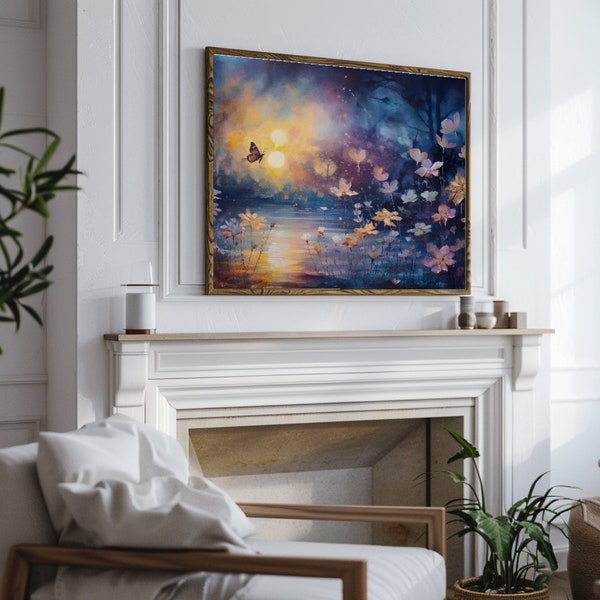 Dusk in the Celestial Meadow | Digital Oil Painting | Ethereal Wall Art | Twilight Glow Print | Fantasy Landscape Download