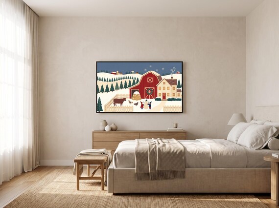Folk Art Winter Red Barn Farm
