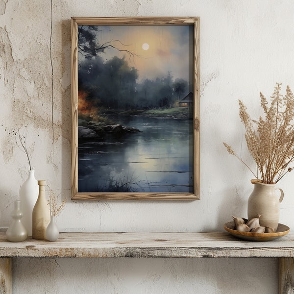 Twilight Serenity on the River | Watercolor Print | Calm River Art | Twilight Wall Art | Fireflies Nature Scene