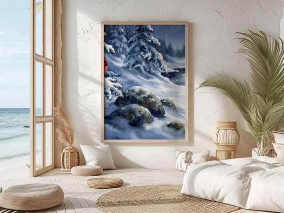 Christmas Gift Cardinal Winter Watercolor Print