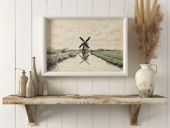 Dutch Windmill Canal Print