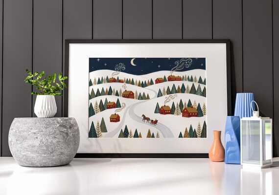 Folk Art Winter Scene Print