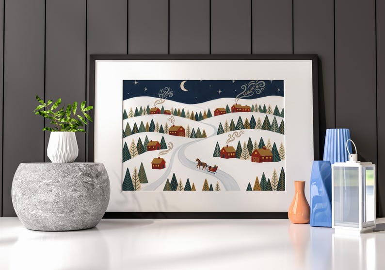 Folk Art Winter Scene Print