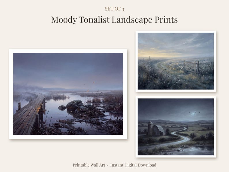 Moody Tonalist Landscape Prints Set of 3