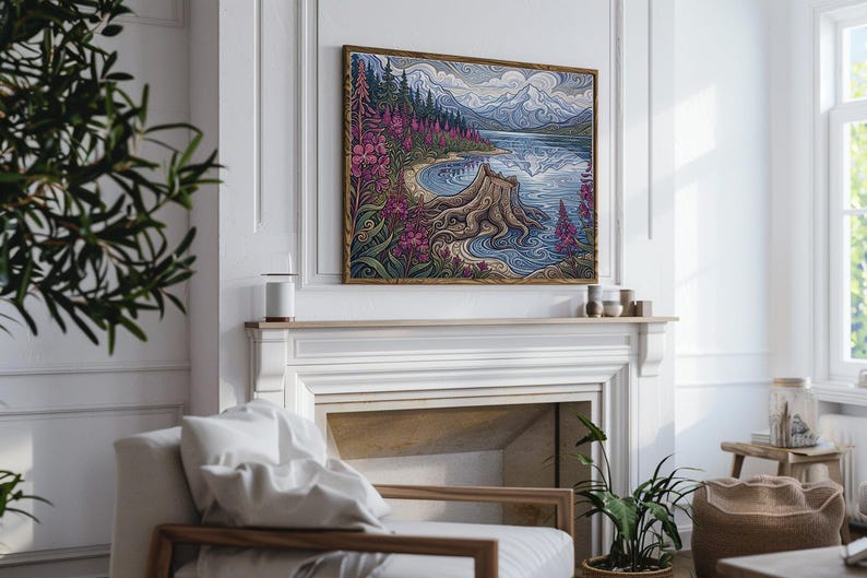 Art Nouveau Mountain Lake Print