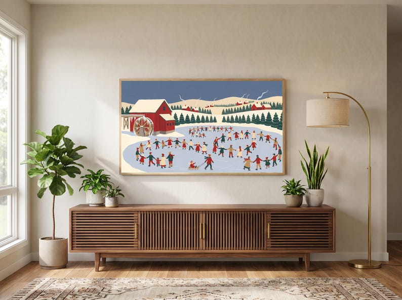 Folk Art Winter Ice Skating Pond