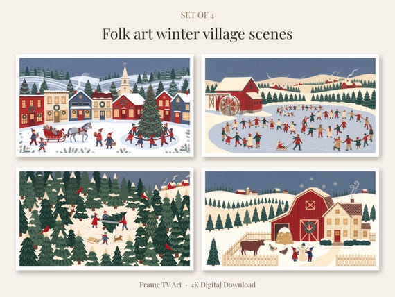 Folk Art Winter Village Set of 4
