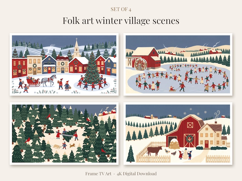 Folk Art Winter Village Set of 4
