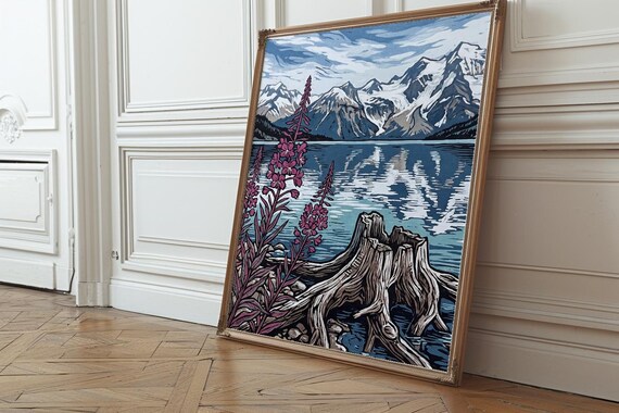 Christmas Gift Mountain Lake Print, Fireweed Linocut Landscape Printable, Alpine Cabin Decor, Winter Lake House Art