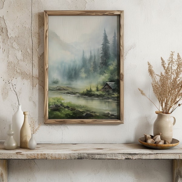 Tranquil Refuge Amidst the Pines | Serene Landscape Print | Digital Wall Art | Cabin Decor | Nature Scene Download