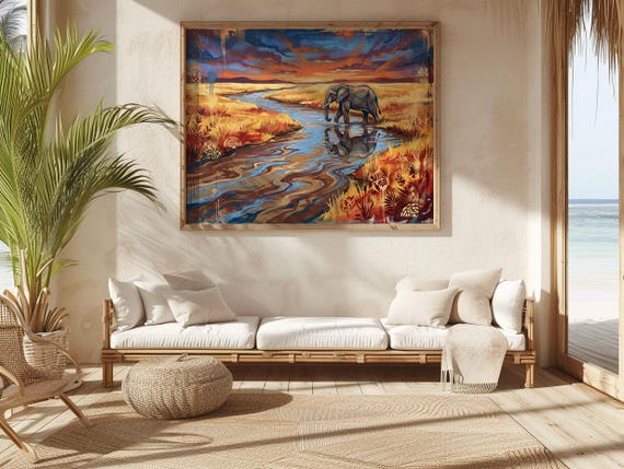 Elephant River Crossing Print