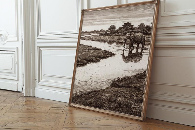 Elephant River Crossing Print