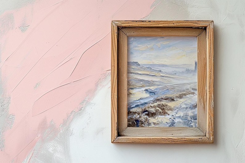 Christmas Gift Winter Moorland Print, Misty Church Tower Impasto Landscape Printable, Foggy Dawn Sky Download