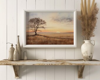 Serenade of the Setting Sun | Tranquil Sunset Digital Print | Nature Wall Art | Amber Sky Landscape