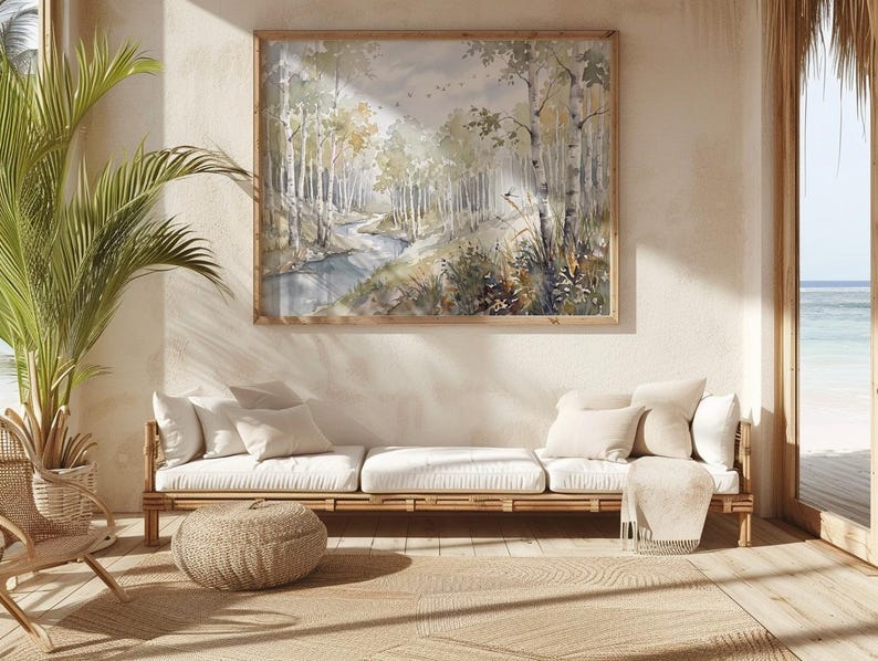 Christmas Gift Birch Forest Watercolor Print Printable Neutral Winter Woodland Stream Landscape Holiday Wall Art