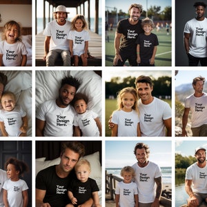 May include: A set of 12 images showing different father and child pairs wearing white and black t-shirts with the text "Your Design Here." printed on them. The images show the pairs in various settings, including outdoors, indoors, and on a bed.