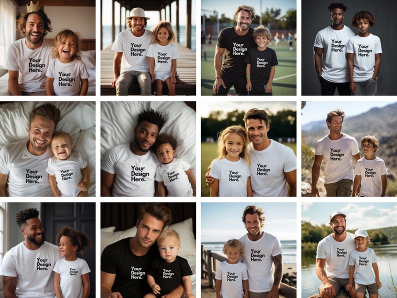 May include: A set of 12 images showing different father and child pairs wearing white and black t-shirts with the text "Your Design Here." printed on them. The images show the pairs in various settings, including outdoors, indoors, and on a bed.