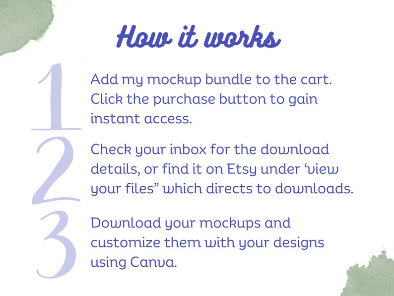 May include: A three-step guide on how to use a mockup bundle. The steps are numbered 1, 2, and 3 in purple text. The steps are: Add the bundle to your cart, check your inbox for the download details, and download the mockups and customize them with Canva.