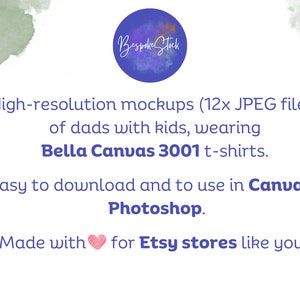 May include: A digital illustration of a purple watercolor circle with the text "Bespoke Stock" in white. The text below the circle reads "High-resolution mockups (12x JPEG files) of dads with kids, wearing Bella Canvas 3001 t-shirts. Easy to download and to use in Canva or Photoshop. Made with ❤️ for Etsy stores like yours."