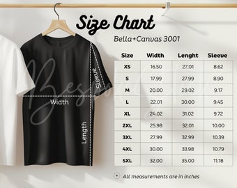 Bella Canvas 3001 maattabel in inch en metrisch, T-shirt maattabel, meting maattabel, Bella Canvas maten, oversized maattabel
