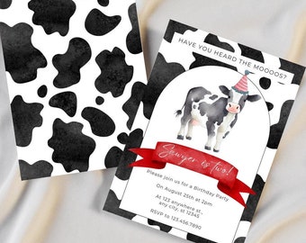 Have You Heard the Moos Birthday Invitation, Holy Cow I'm One Editable Invite, Barn Party Theme, Moo Moo I'm Two, Cow Print Bday
