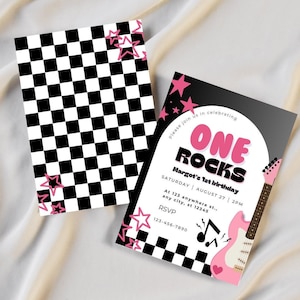 Invitación de cumpleaños de One Rocks Girls, invitación a la primera gira mundial, Rock and Roll rosa, plantilla editable Born to Rock, tema Rocked Year One