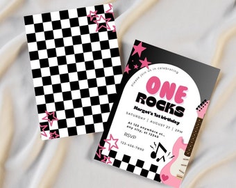 One Rocks Mädchen-Geburtstagseinladung, erste Welttournee einladen, rosa Rock and Roll, geboren, um bearbeitbare Vorlage zu rocken, gerocktes Jahr eins Thema