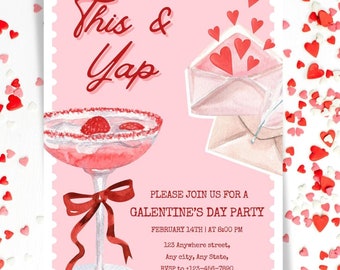 Dies und Yap Galentinstagseinladung, Dies + Yap Valentinstag Party, Mädchen Nacht VDAY einladen, Rosa und Rote Getränke bearbeitbare Vorlage